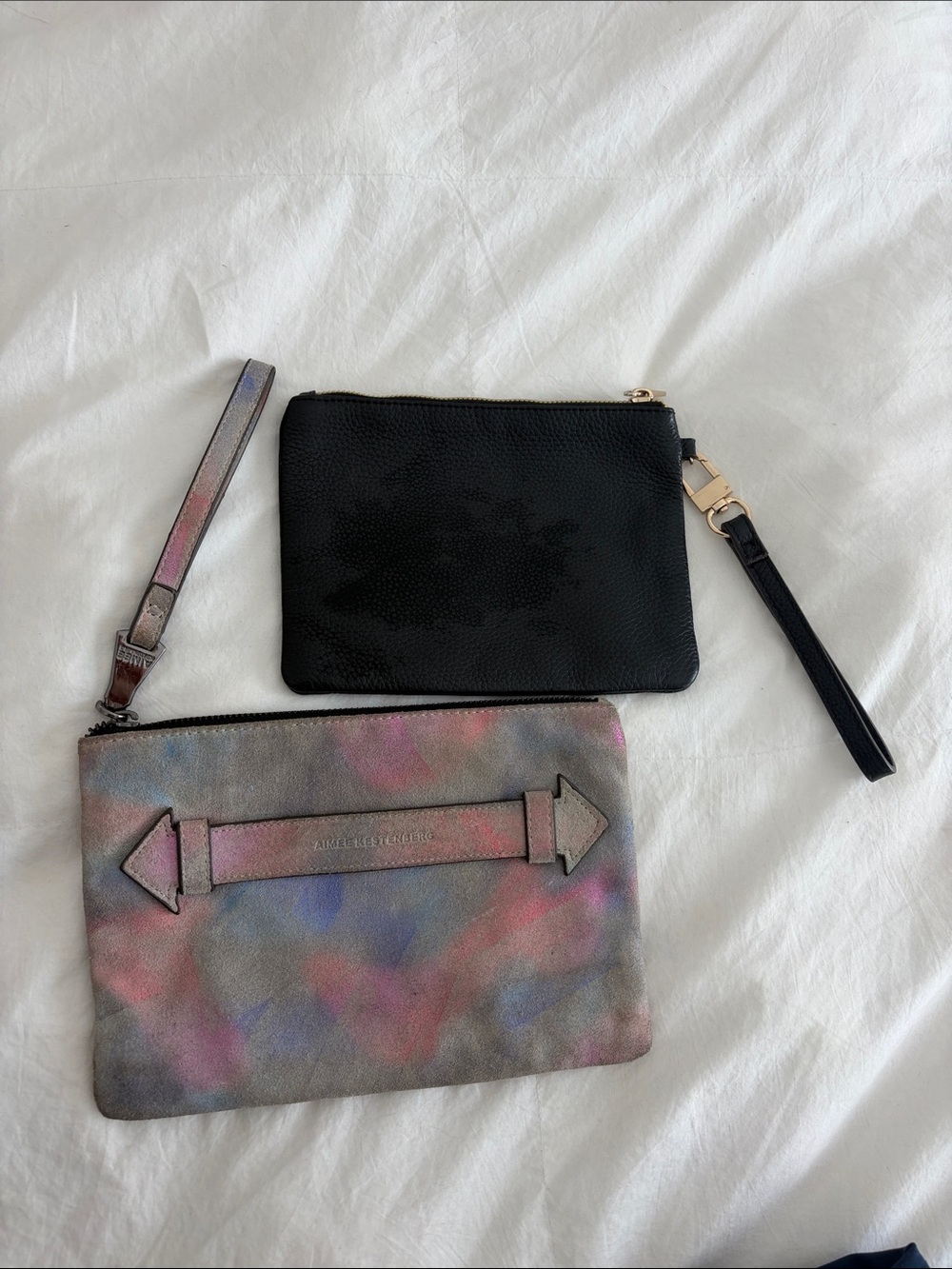 Aimee Kestenberg iridescent and black leather pouch set gold trimmings